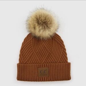 C.C Kids Tan Knit Beanie with Pom Pom